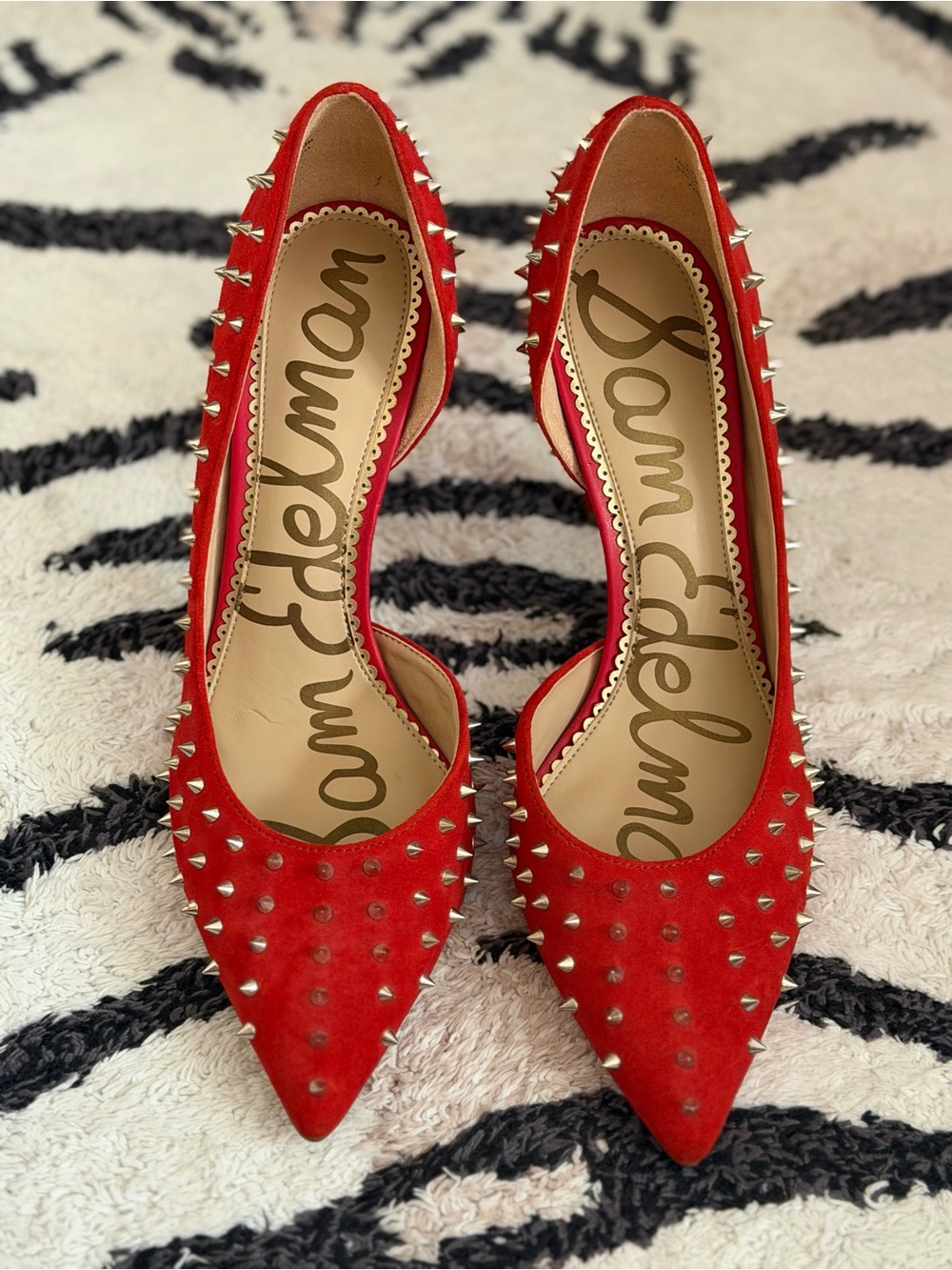 Sam Edelman Red Suede Pointed-Toe Stud Heels